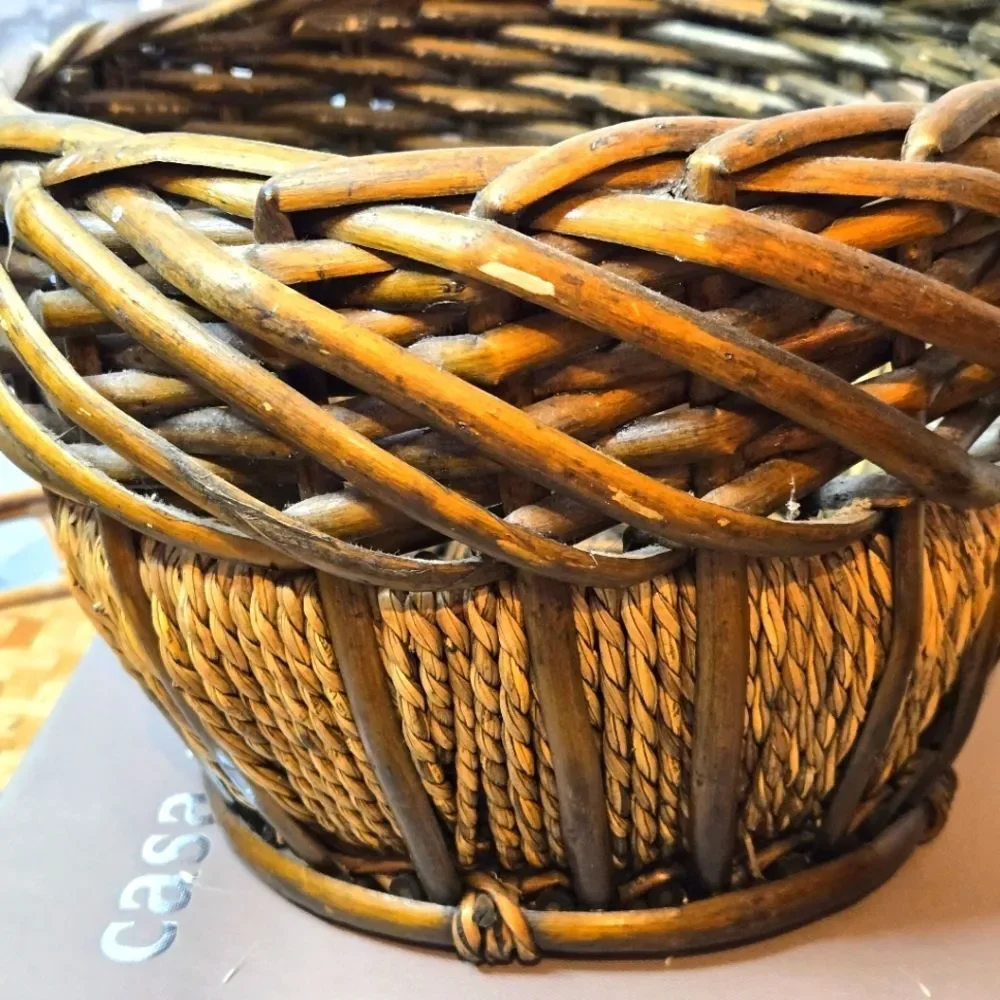 Vintage Oval Hand Woven Basket Natural Bamboo & Rope Storage Basket Rustic